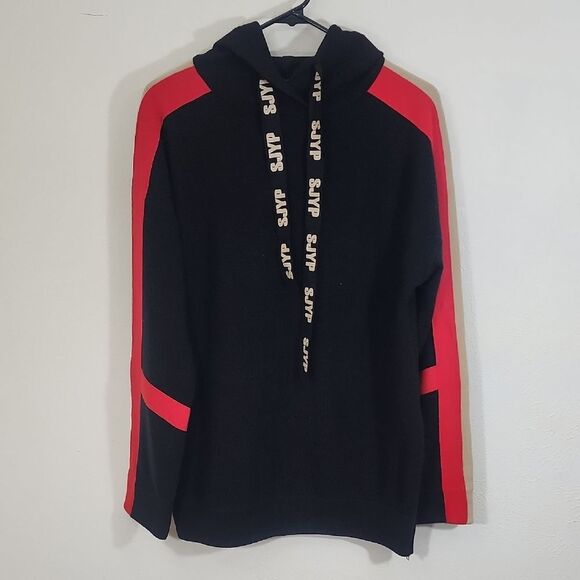 SJYP Black Hoodie with Red and Tan Accents Cashmere Wool Mix Long Sleeve Size L - Picture 1 of 7